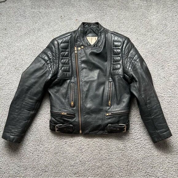 VINTAGE BERMAN'S BLACK LEATHER MOTORCYCLE JACKET Men Sz 38 Preowned - Picture 1 of 12